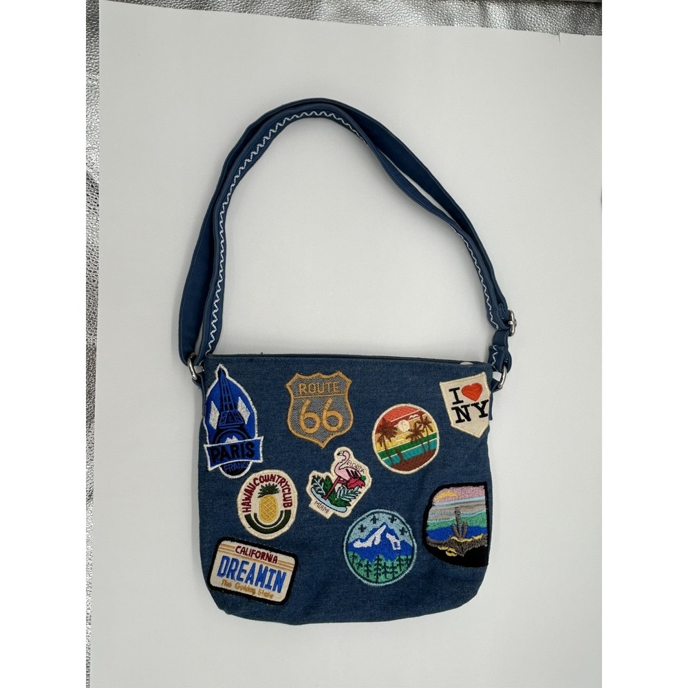 America and Beyond Denim Shoulder tote Blue Embroidered Patches Zip Closure EC